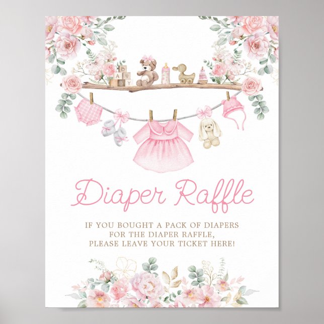 Pink Baby Clothes Floral Clothesline Diaper Raffle Poster (Front)