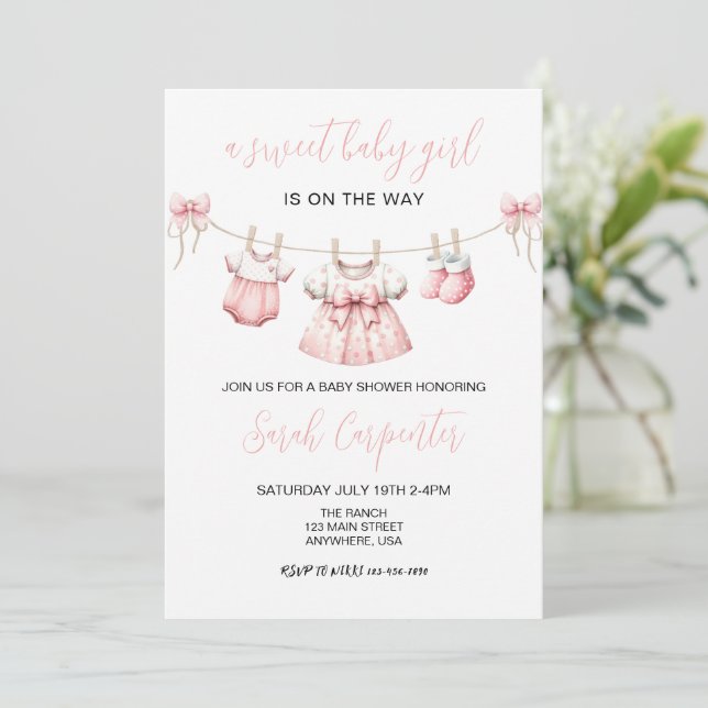 Pink Baby Clothes Girl Baby shower Invitation (Standing Front)