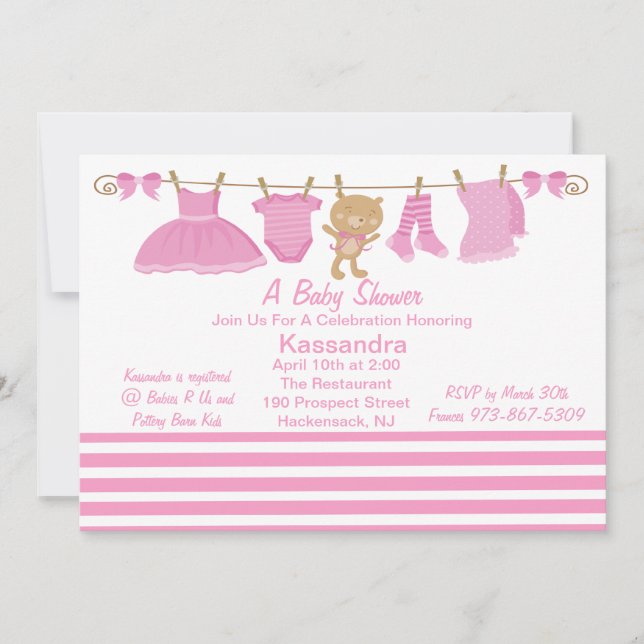 Pink Baby Clothes Line Baby Shower Invitation (Front)