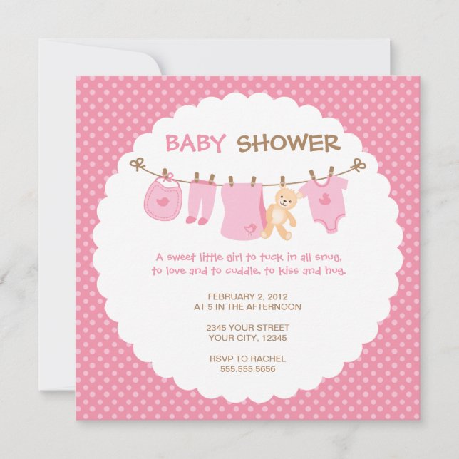 Pink Baby Clothes Line Shower Invitations (Front)