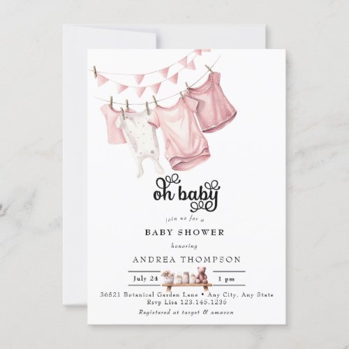 Pink Baby Clothes  Watercolor Baby Girl Shower Invitation