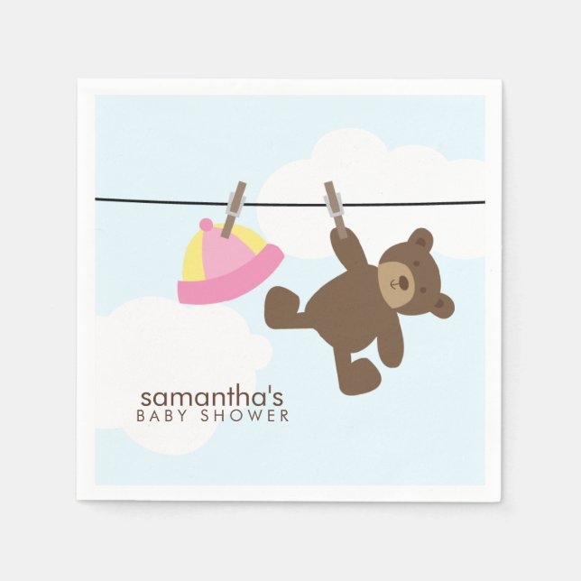 Pink Baby Clothesline and Teddy Bear Paper Napkins (Front)
