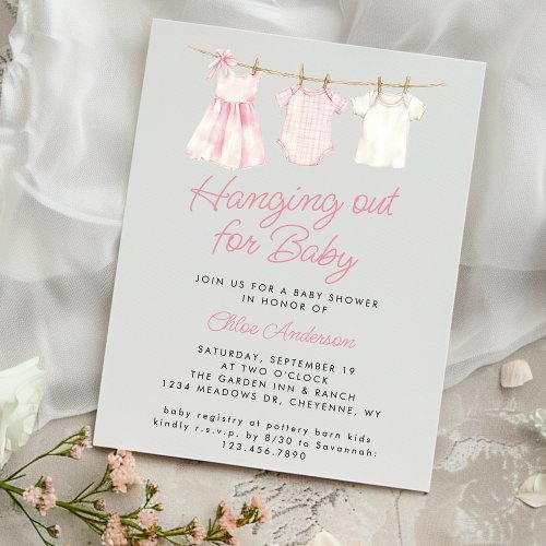 Pink Baby Clothesline Cute Rustic Girl Baby Shower Invitation