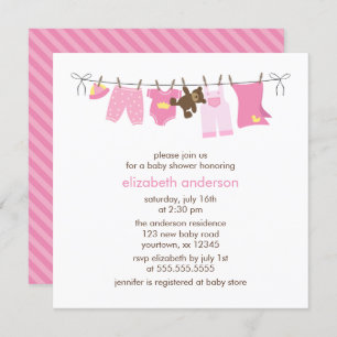 Pink Baby Clothesline Girl Baby Shower Invitation