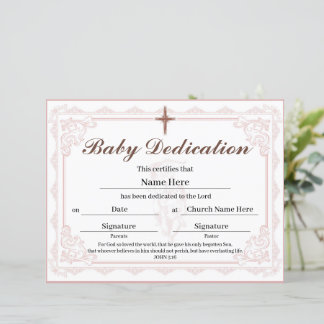 Pink Baby Dedication Certificate