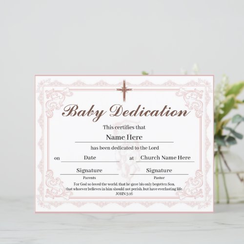 Pink Baby Dedication Certificate
