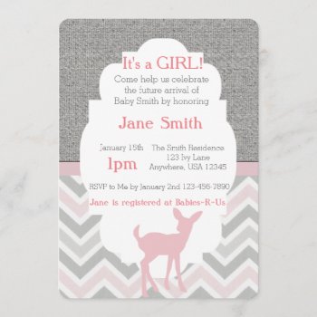Pink Baby Deer Chevron & Burlap Baby Shower Invite by CardinalCreations at Zazzle