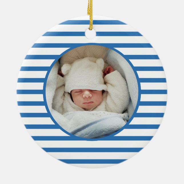Pink Baby Dino | First Christmas Blue Stripe Chic Ceramic Ornament (Back)