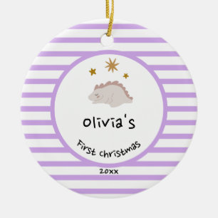 Pink Baby Dino First Christmas Purple Stripe Ceramic Ornament