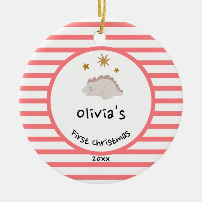 Pink Baby Dino | First Christmas Red Stripe Chic Ceramic Ornament (Front)