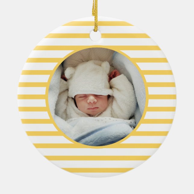 Pink Baby Dino | First Christmas Yellow Stripe Ceramic Ornament (Back)
