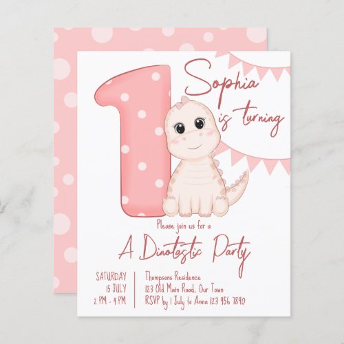 Pink baby dinosaur 1st birthday budget invite