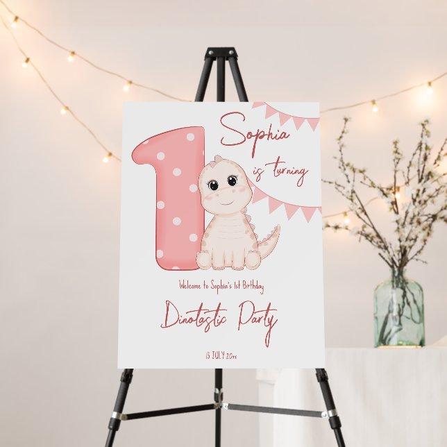 Pink baby dinosaur 1st birthday party welcome sign (In Situ (Stand))