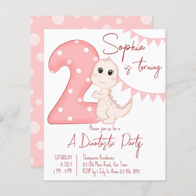 Pink baby dinosaur 2nd birthday budget invite (Front/Back)