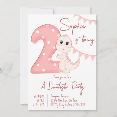 Pink baby dinosaur 2nd birthday invite