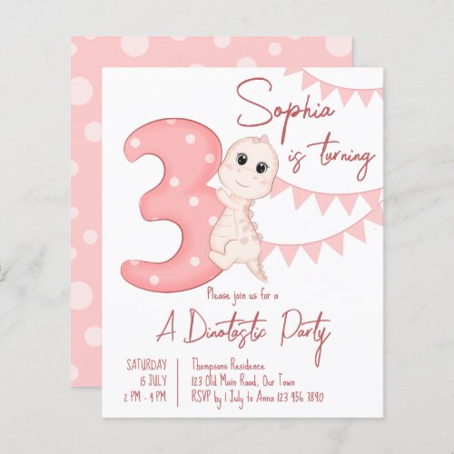 Pink baby dinosaur 3rd birthday budget invite