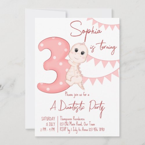 Pink baby dinosaur 3rd birthday invite