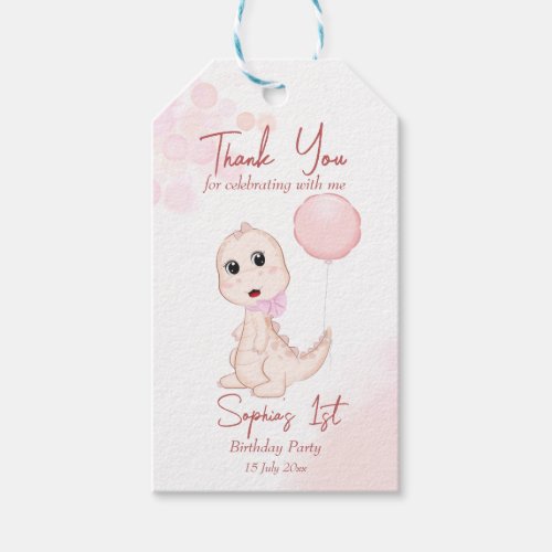 Pink baby dinosaur birthday party personalized gift tags