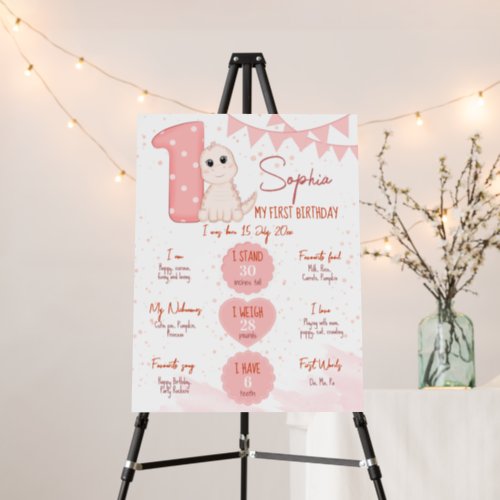 Pink baby dinosaur first birthday milestone board