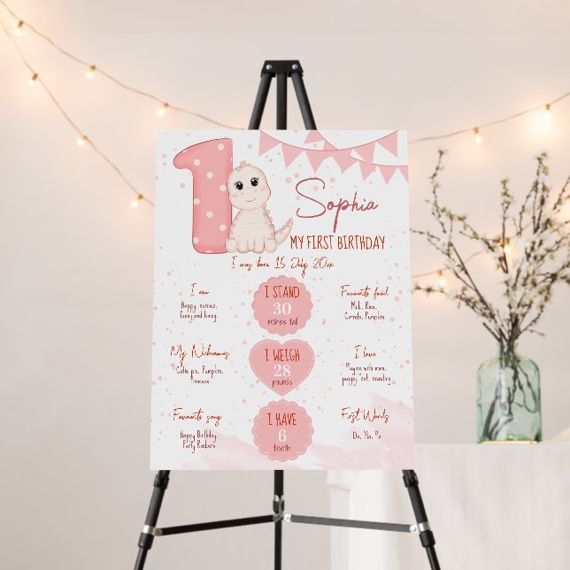 Pink baby dinosaur first birthday milestone board (In Situ (Stand))