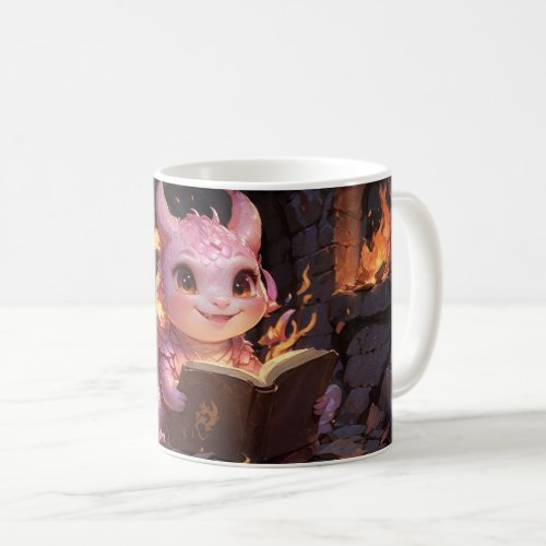 Pink Baby Dragon Reads a Book  Coffee Mug