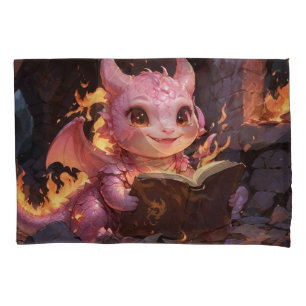 Pink Baby Dragon Reads a Book Pillow Case