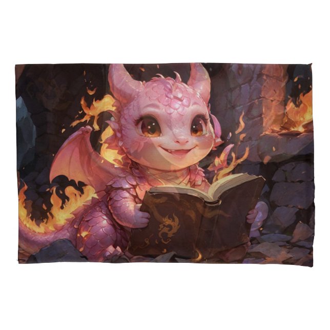 Pink Baby Dragon Reads a Book  Pillow Case (Front)