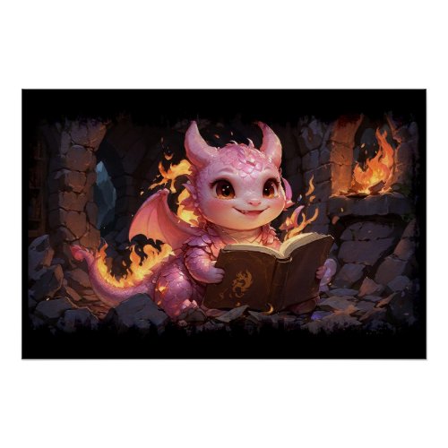 Pink Baby Dragon Reads a Book  Poster