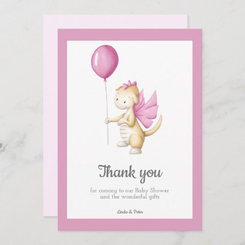 Pink Baby Dragon with Balloon Girl Baby Shower Thank You Card