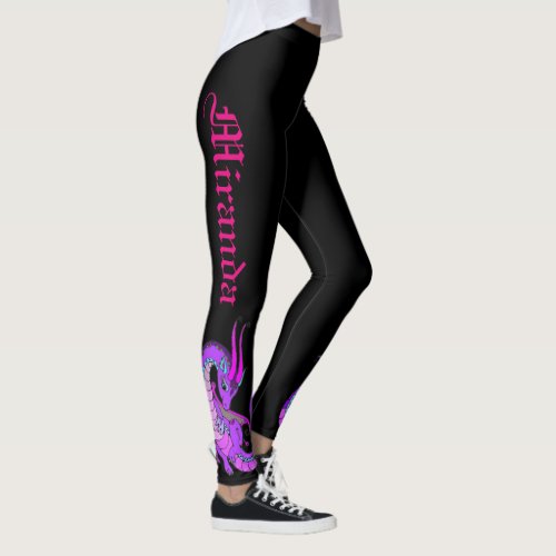 Pink Baby Dragon Your Name in Gothic Script Black Leggings