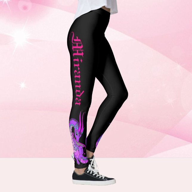Pink Baby Dragon Your Name in Gothic Script Black Leggings (Creator Uploaded)