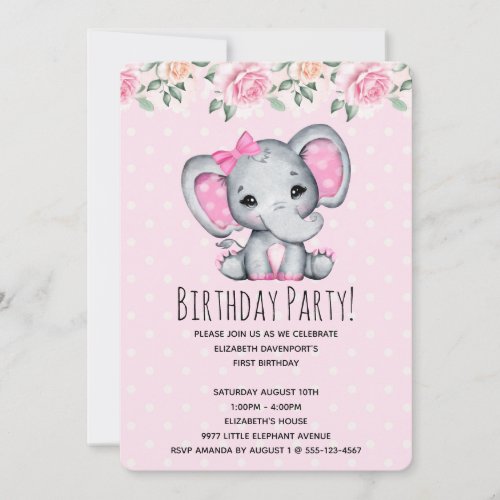 Pink Baby Elephant and Roses Border Baby Shower Invitation