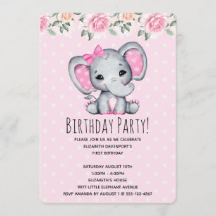 Pink Baby Elephant and Roses Border Baby Shower Invitation