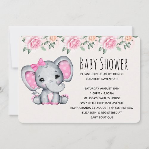 Pink Baby Elephant and Roses Border Baby Shower Invitation