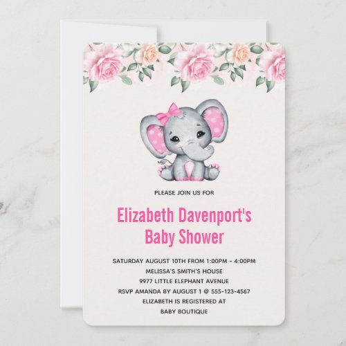 Pink Baby Elephant and Roses Border Baby Shower Invitation