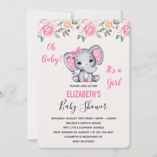 Pink Baby Elephant and Roses Border Baby Shower Invitation