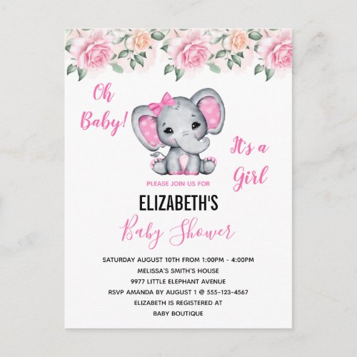 Pink Baby Elephant and Roses Border Baby Shower Invitation Postcard