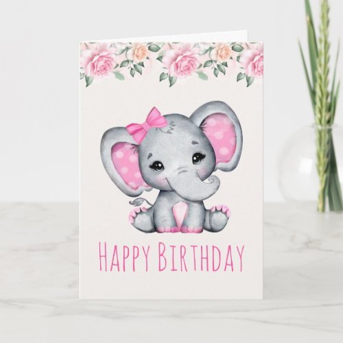 Pink Baby Elephant and Roses Border Birthday Card