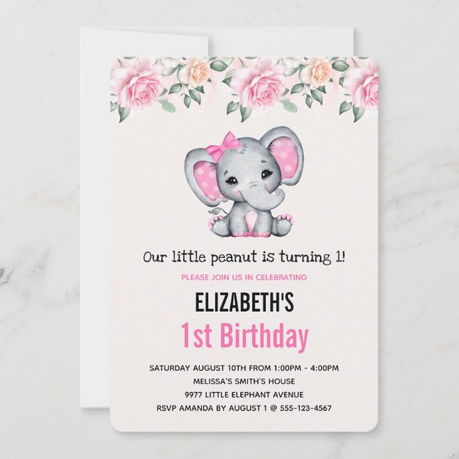 Pink Baby Elephant and Roses Border Birthday Invitation (Front)