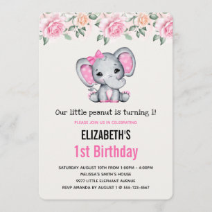 Pink Baby Elephant and Roses Border Birthday Invitation
