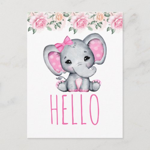 Pink Baby Elephant and Roses Border Hello Postcard