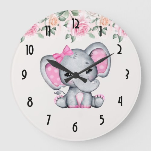 Pink Baby Elephant and Roses Border Large Clock