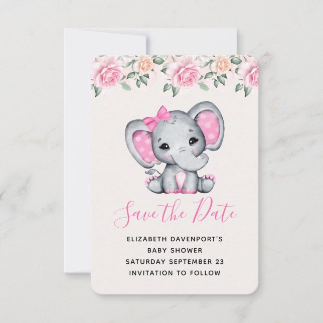 Pink Baby Elephant and Roses Border Save The Date (Front)