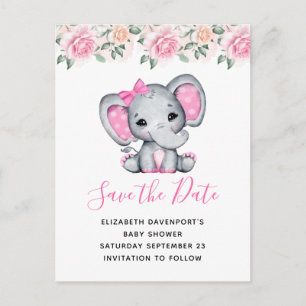 Pink Baby Elephant and Roses Border Save the Date Invitation Postcard