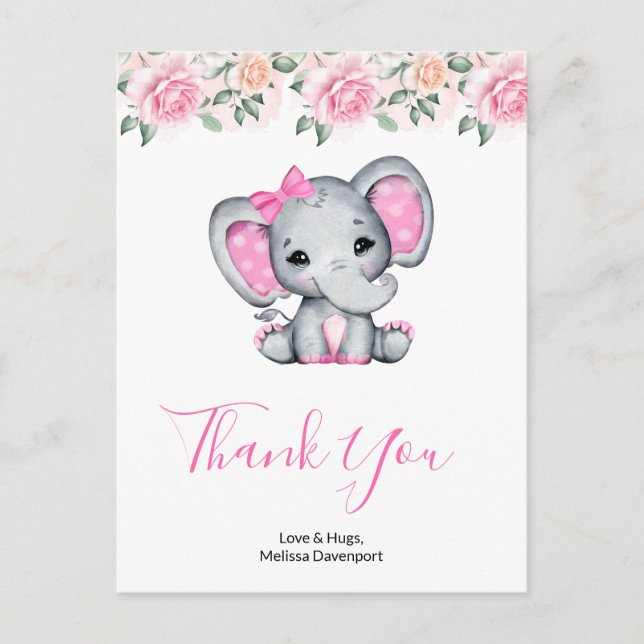 Pink Baby Elephant and Roses Border Thank You Postcard (Front)