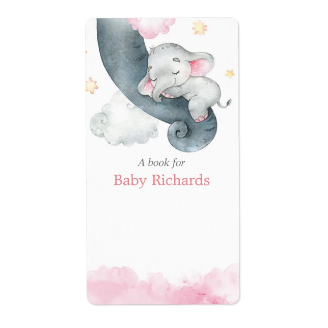 Pink baby elephant baby shower book tag stickers (Front)
