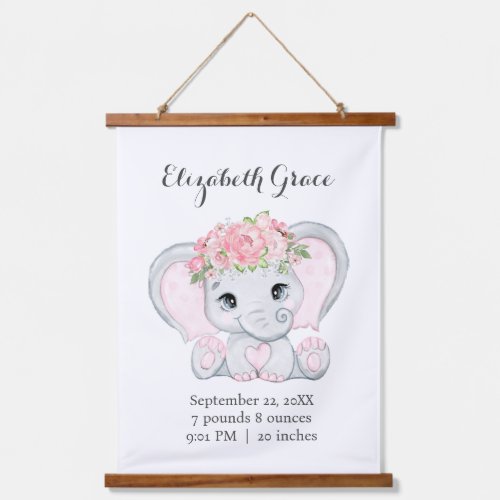 Pink Baby Elephant Birth Stats Baby Shower Gift Hanging Tapestry