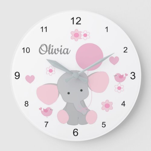 Pink Baby Elephant Chickadee Bird Balloon Large Clock