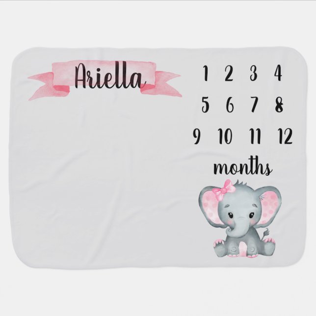 Pink Baby Elephant Girl Milestone Blanket (Horizontal)