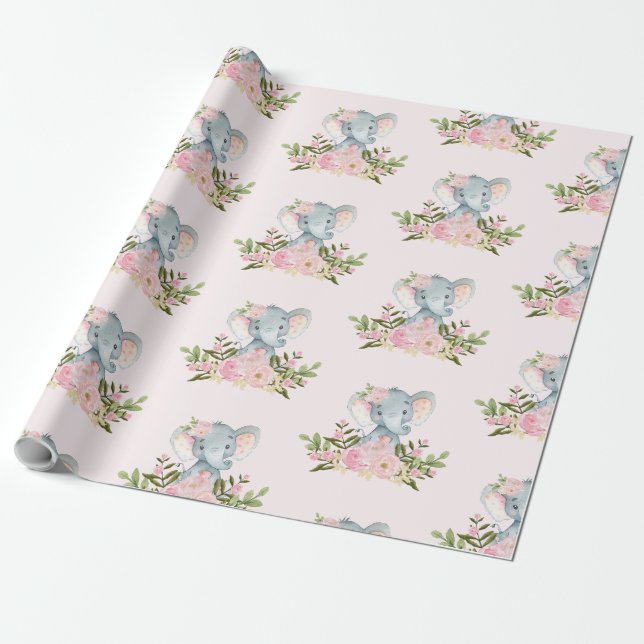 Pink Baby Elephant Girl Shower 1st Birthday Party Wrapping Paper (Unrolled)